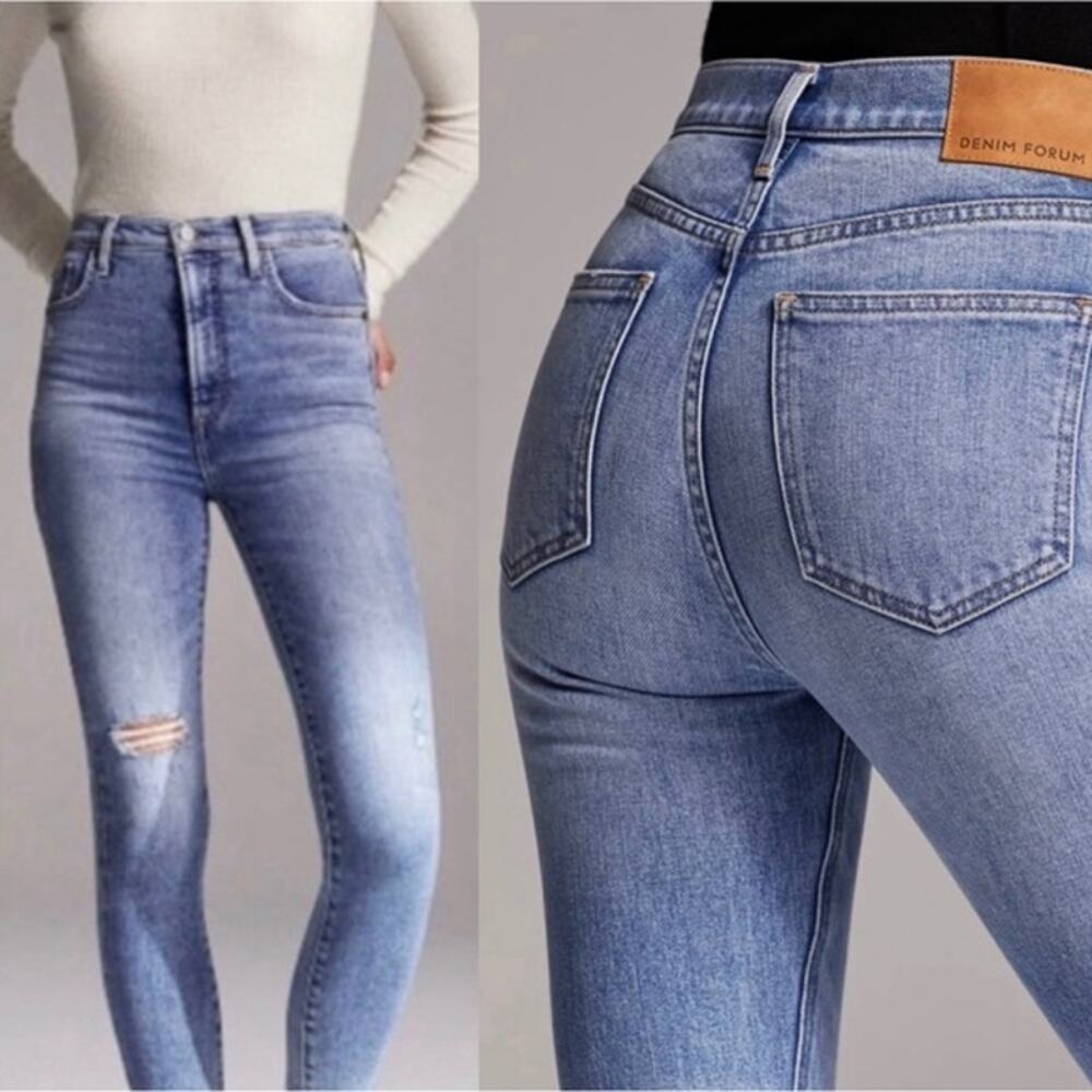 Aritzia Denim Forum The Nico Cropped Mid Rise Jeans Skinny Raw Hem Ripped Sz 24